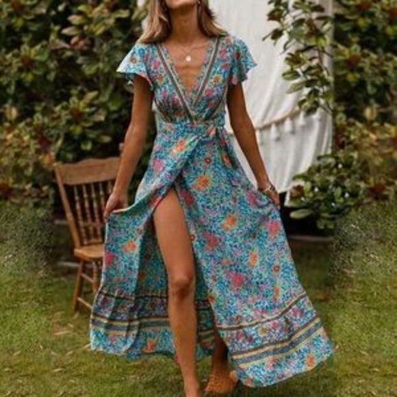 New Short Sleeve Bohemian Dress VNeck Floral Print High Split Tie Wrap Maxi - Picture 1 of 12